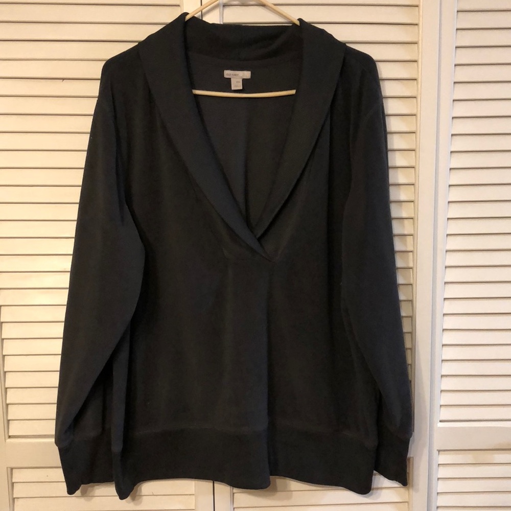 Dark Charcoal Gray Soft Brush Terry V-neck Top